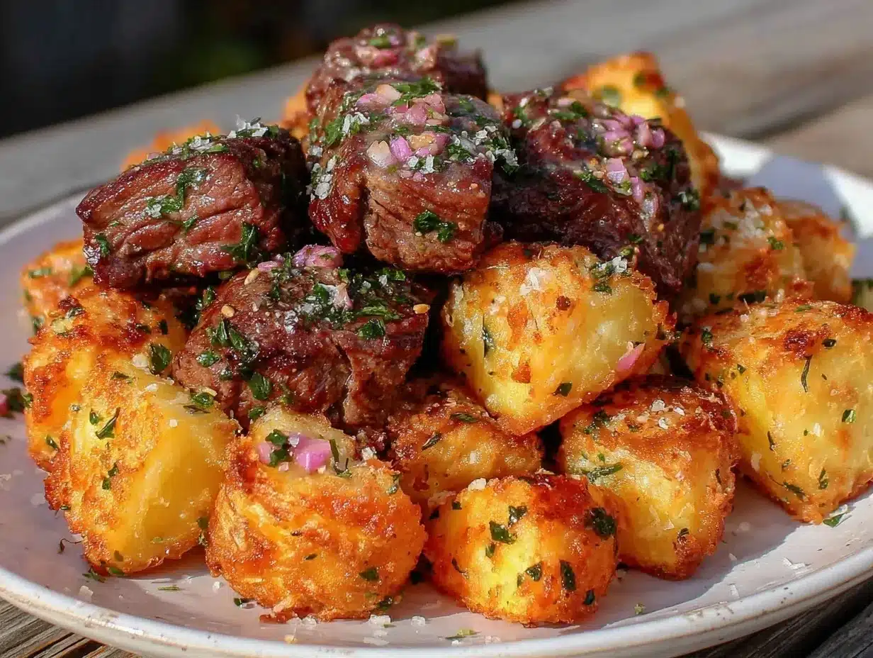garlic butter steak bites and potatoes preparation steps