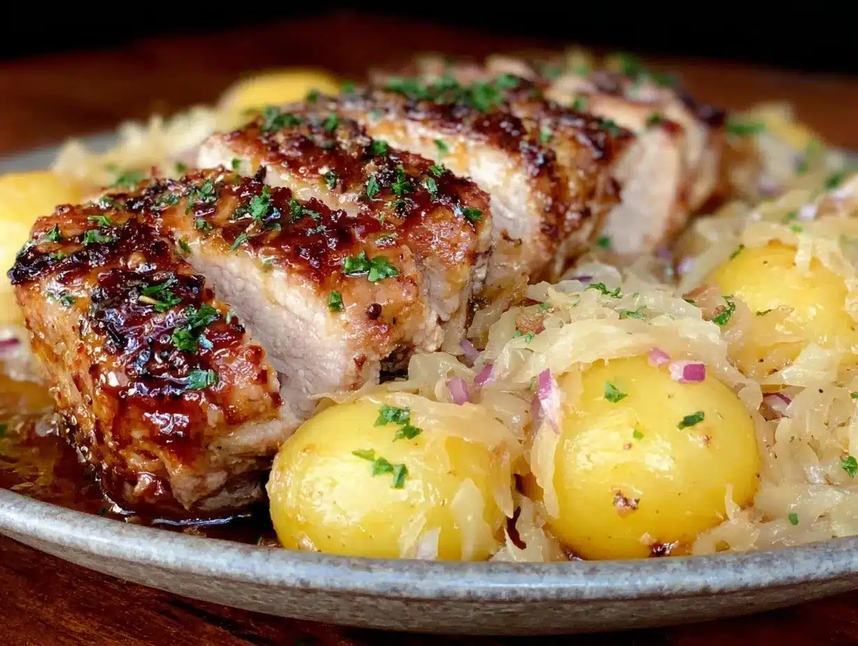 German pork roast with sauerkraut and potatoes preparation steps