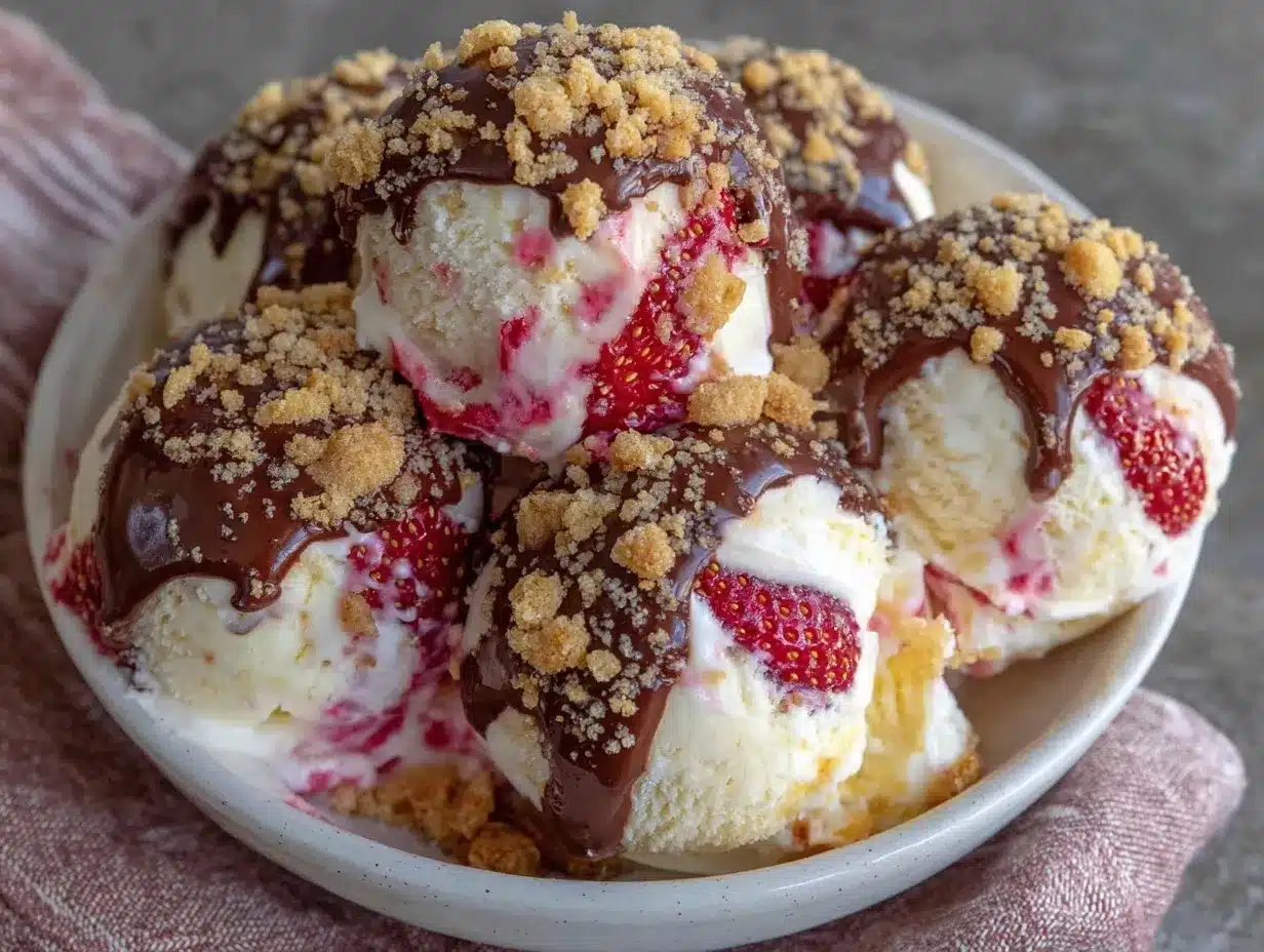 creamy chocolate-dipped strawberry cheesecake ice cream preparation steps