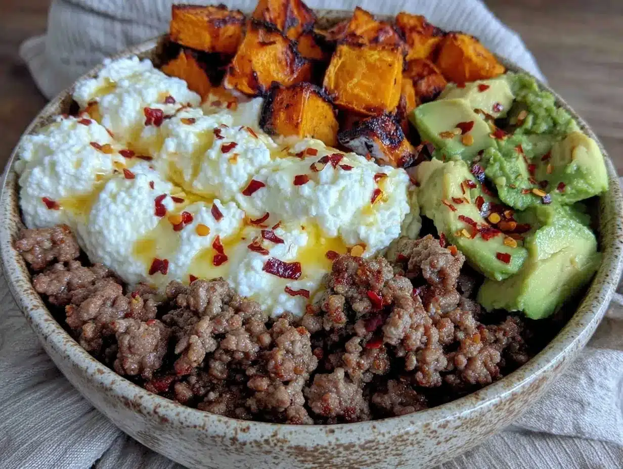 healthy gluten-free high protein cottage cheese beef bowl preparation steps