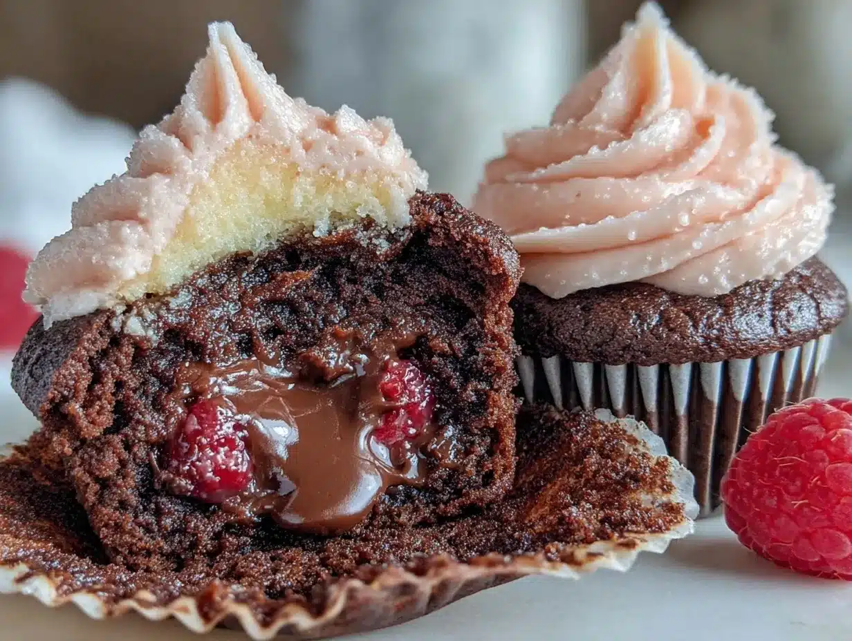 Nutella stuffed chocolate raspberry cupcakes preparation steps