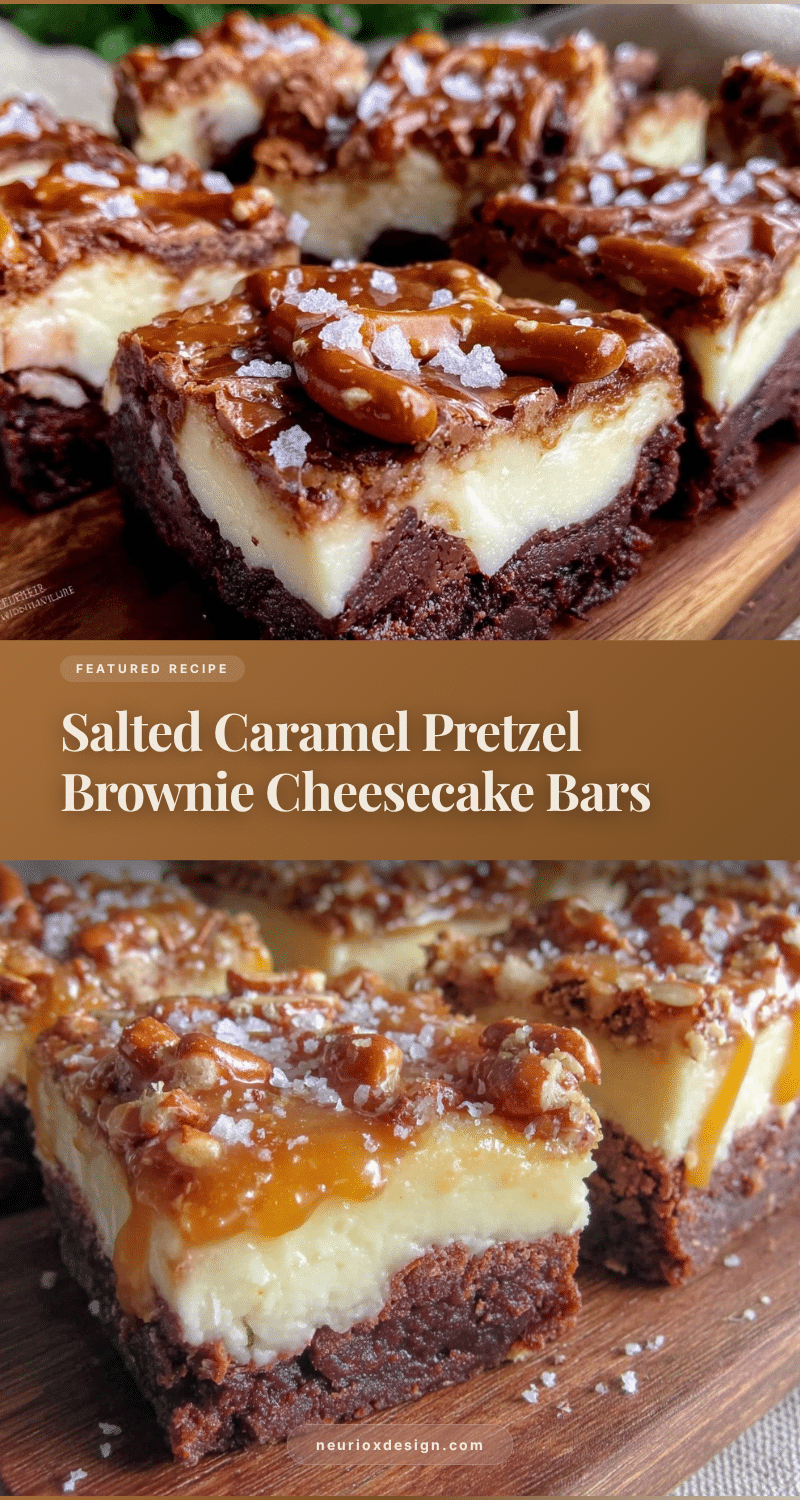 Salted Caramel Pretzel Brownie Cheesecake Bars recipe