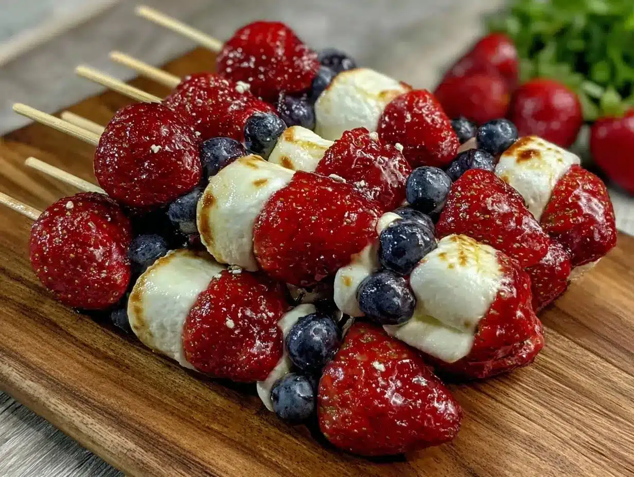 fresh red white blue fruit skewers preparation steps