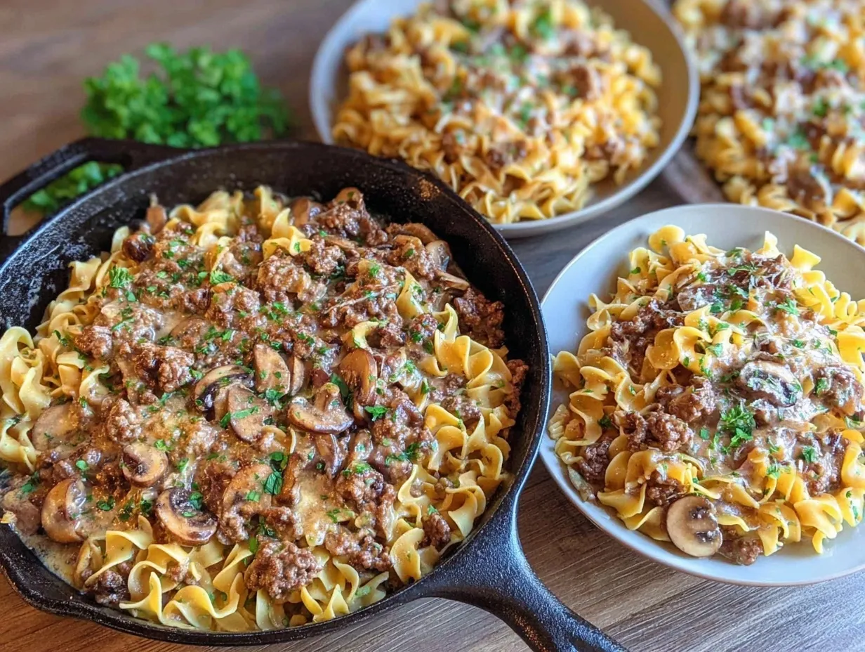 creamy ground beef stroganoff skillet preparation steps