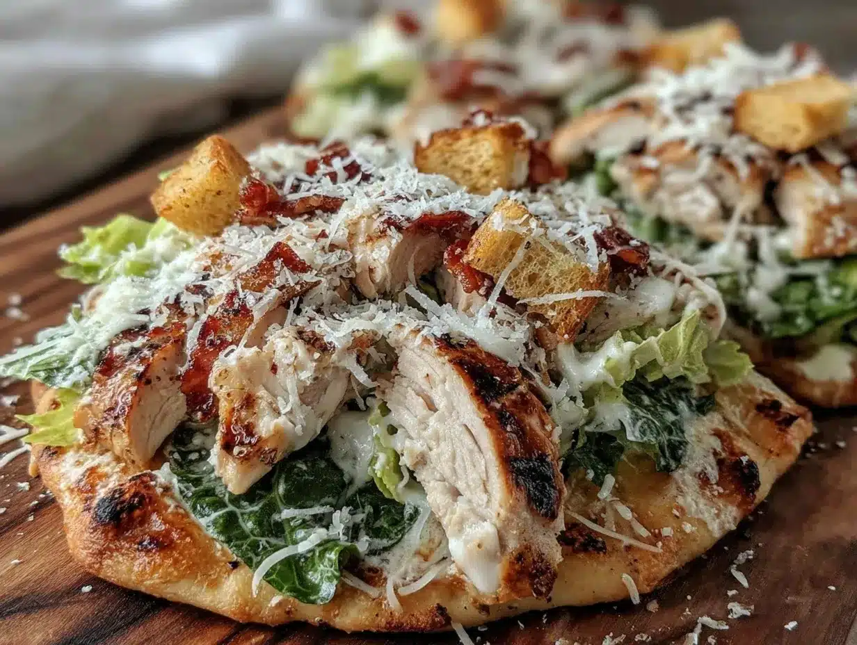 crispy grilled chicken caesar salad flatbread pizza preparation steps