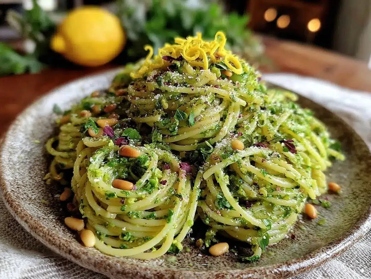 fresh garlic scape pesto pasta preparation steps