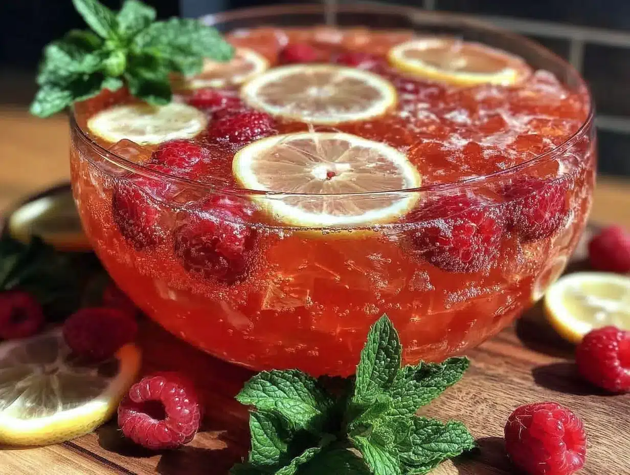 fresh raspberry lemonade mocktail punch bowl preparation steps