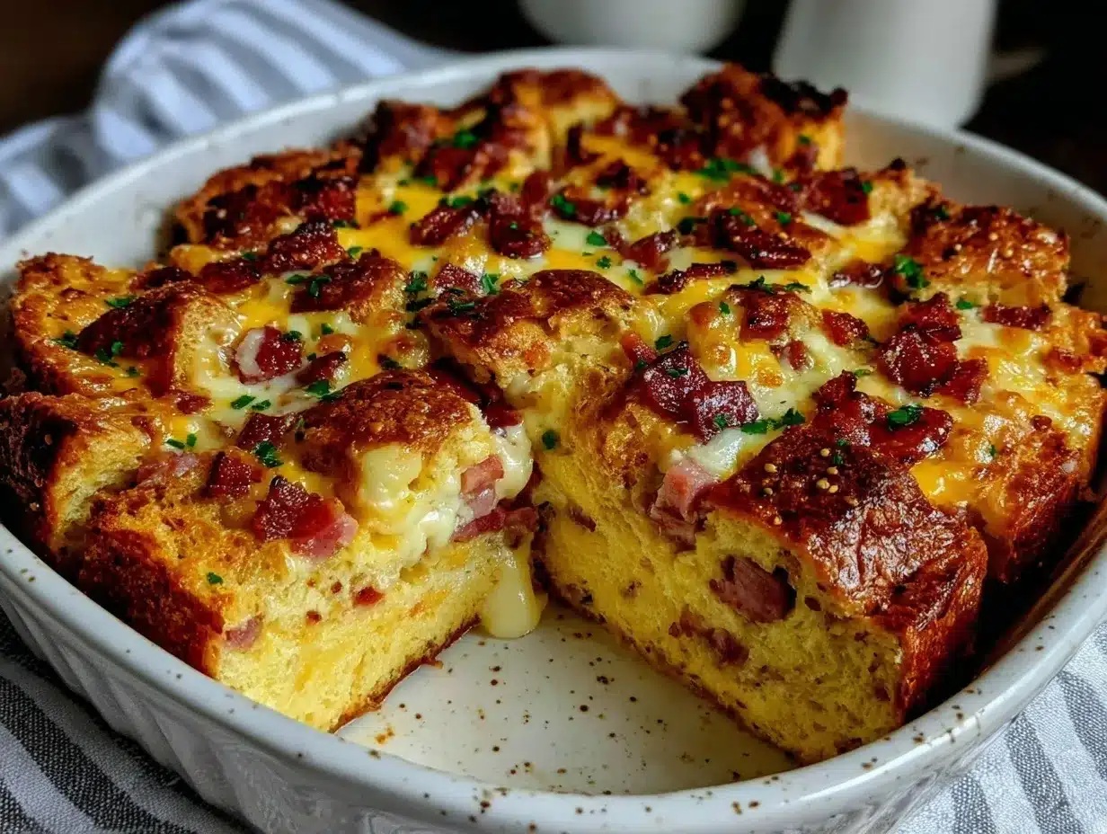 ham and swiss croissant breakfast casserole preparation steps